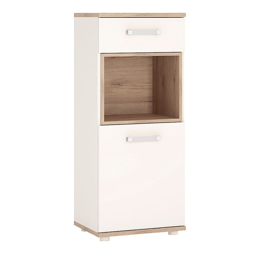 Kinder 1 Door 1 Drawer Narrow Cabinet in Light Oak and white High Gloss (opalino handles)
